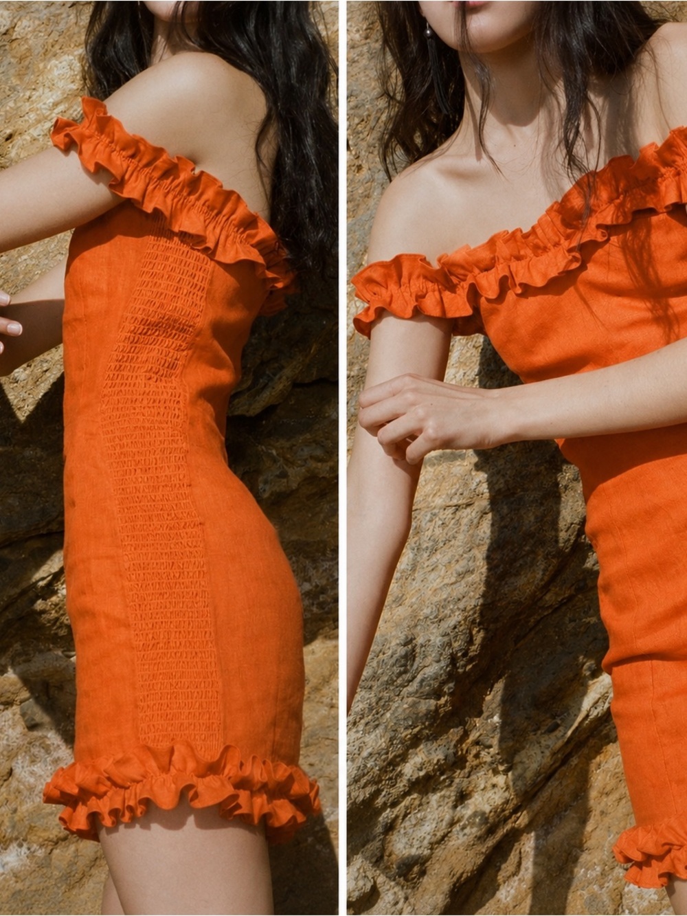 Reformation Orange Off Shoulder Ruffle Mini Dress